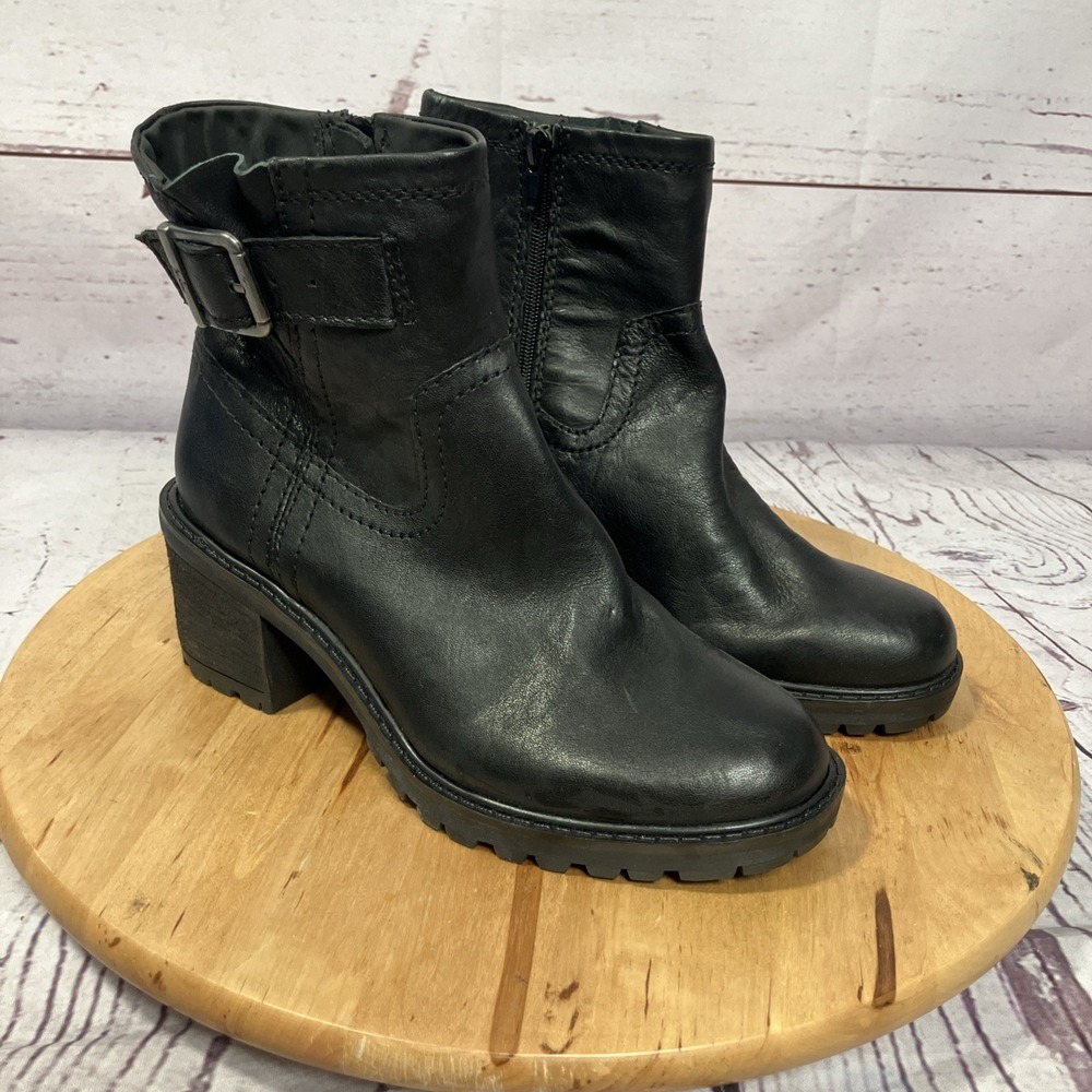 Zodiac Black Leather Moto Ankle Boots‎ Womens Size 6 Buckle Lug Sole Booties